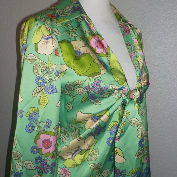 ZARA MS SIZE SMALL LIGHT GREEN WITH MULTI-COLOR FLORAL PRINT SATIN LIKE DRESS - Picture 9 of 12